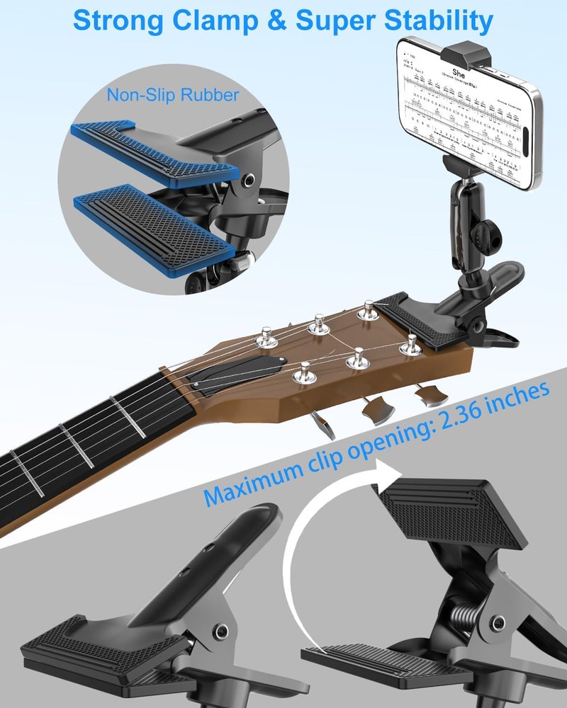 Kolasels Guitar Phone Holder, [Strong Metal Clip] Guitar Phone Mount for Electric Guitar, Ukulele, Bass, Mandolin, Banjo, Sitar, Compatible with iPhone 16 Pro Max, Galaxy and All 4-7" Smartphone - Image 5